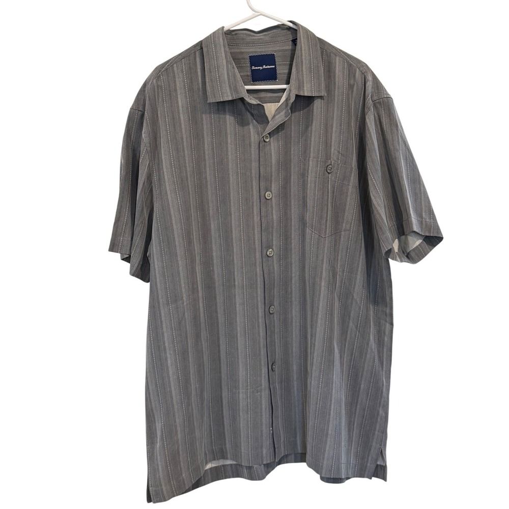 Tommy Bahama Mens XL Silk Grey Jacquard Stripe Short Sleeve Button Down Shirt